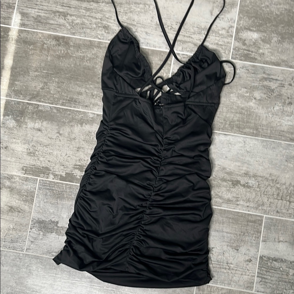 Black Bodycon Mini Dress with Spaghetti Straps - Picture 3 of 6